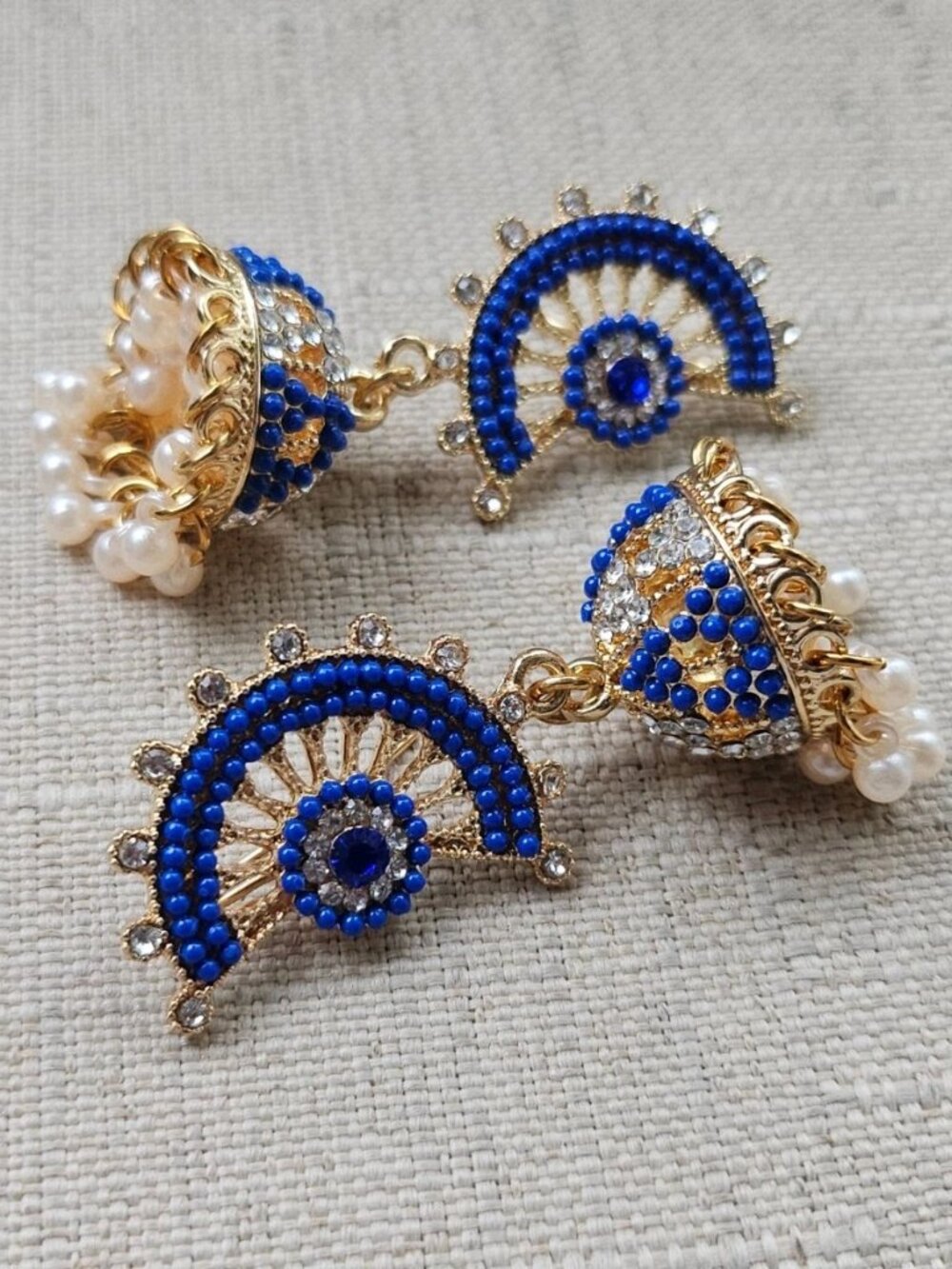 Jhumka Earrings Blue Tone Bead Gold Tone Chandelier High Quality Fashion Jewelry - Picture 5 of 12
